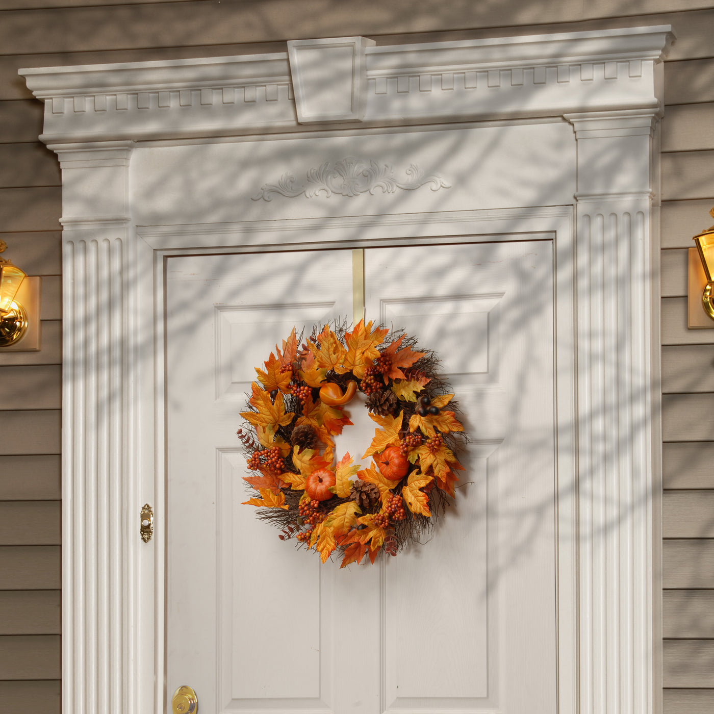 Artificial Autumn Wreath, Decorated with Gourds, Pumpkins, Berry Clusters, Acorns, Maple Leaves, Autumn Collection, 24 in - National Tree Company