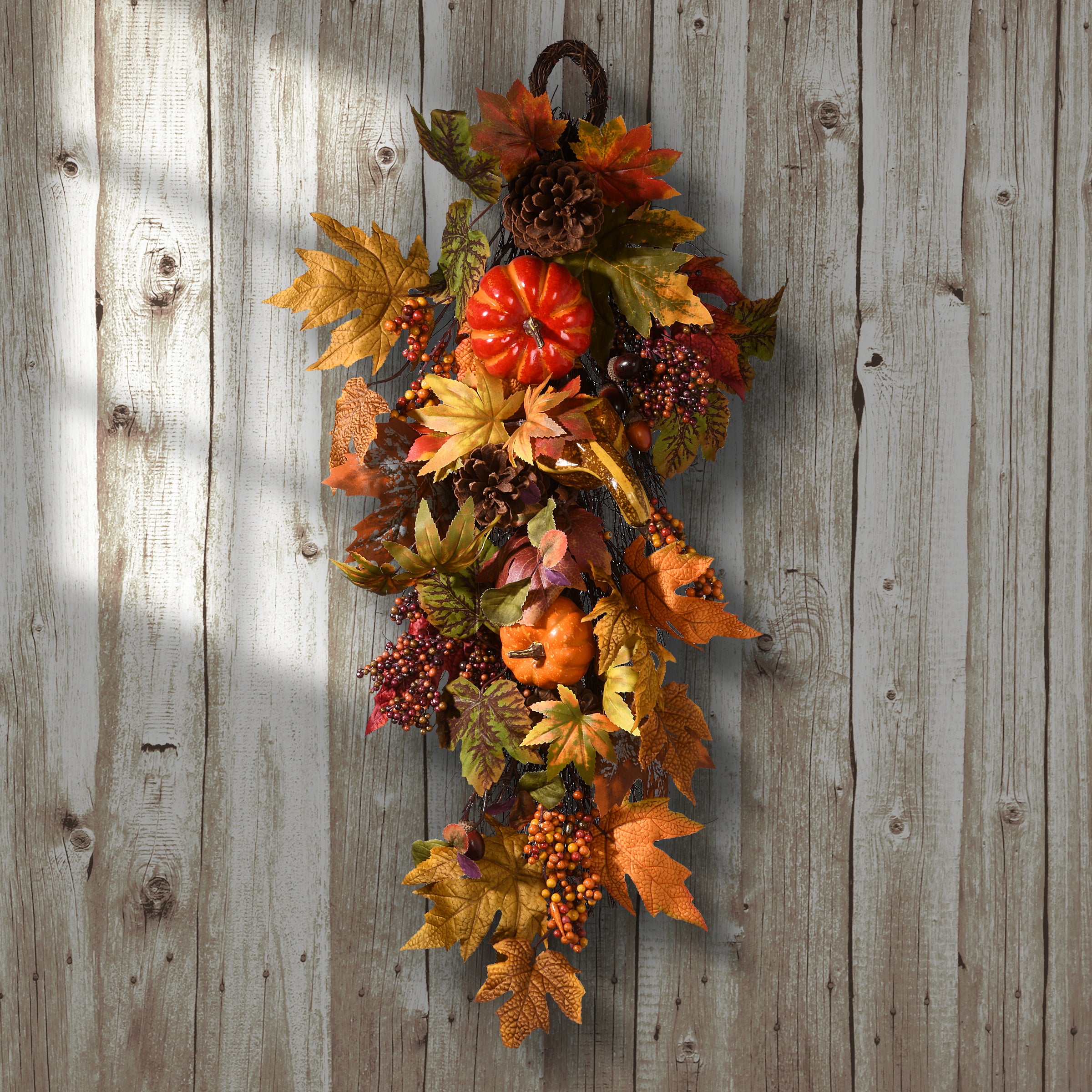 Artificial Fall Teardrop Hanging Wall Decoration, Decorated with Pumpkins, Gourds, Pinecones, Berry Clusters, Maple Leaves, Autumn Collection, 26 in