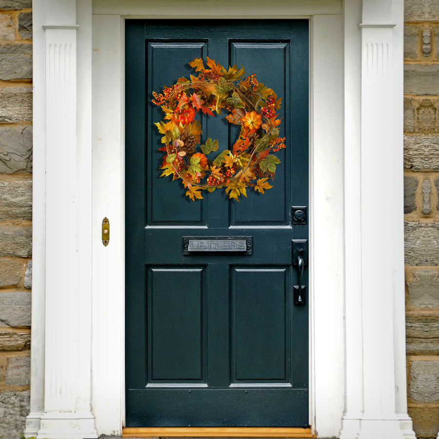 24 in. Fall Wreath with Pumpkins, Pinecones, Berry Clusters, Maple Leaves