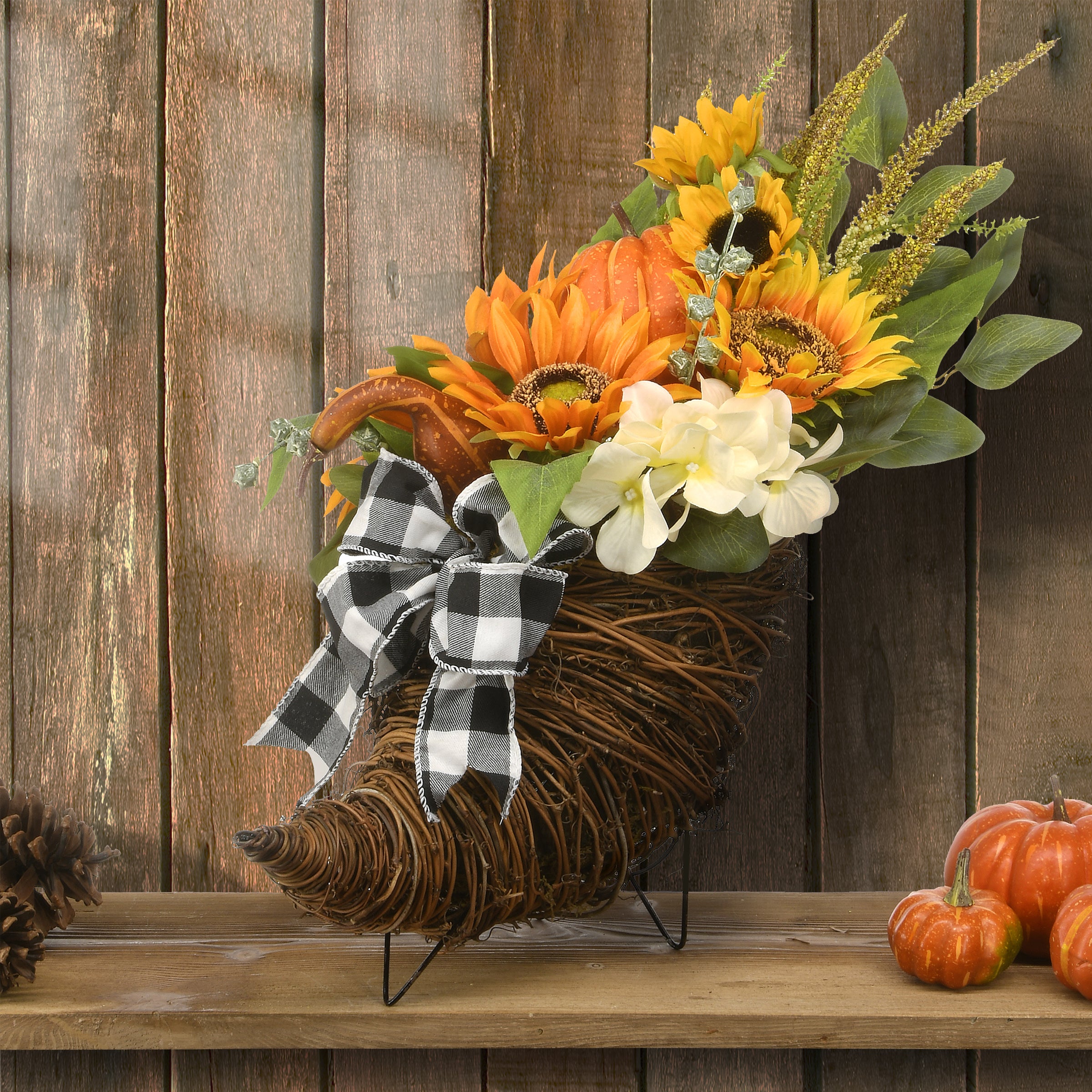 National Tree Company Artificial Wicker Cornucopia Basket Decoration, Decorated with Pumpkins, Sunflower Blooms, Assorted Leaves, Autumn Collection, 20 Inches