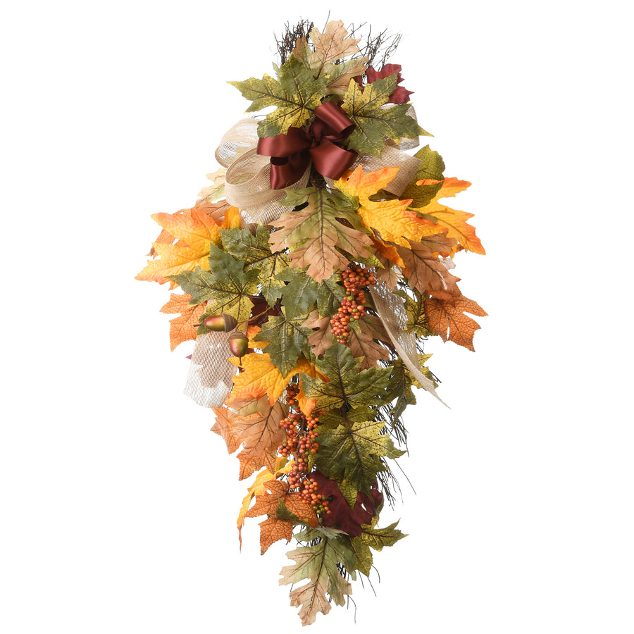 Artificial Autumn Teardrop Decoration, Decorated with Acorns, Berry Clusters, Maple Leaves, Autumn Collection, 30 Inches - National Tree Company