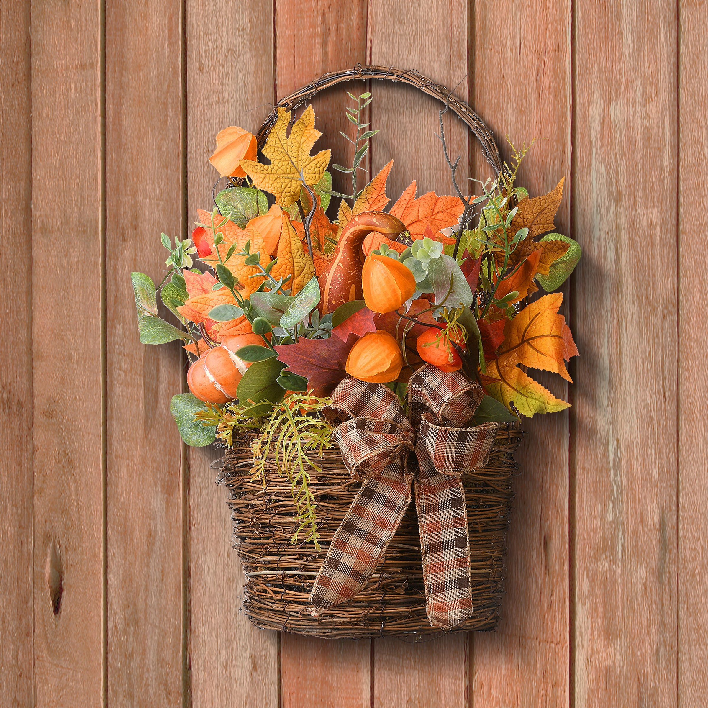 National Tree Company Artificial Flowers in Wicker Basket, Decorated with Pumpkins, Gourds, Flower Buds, Burlap Bows, Maple Leaves, Autumn Collection, 17 in