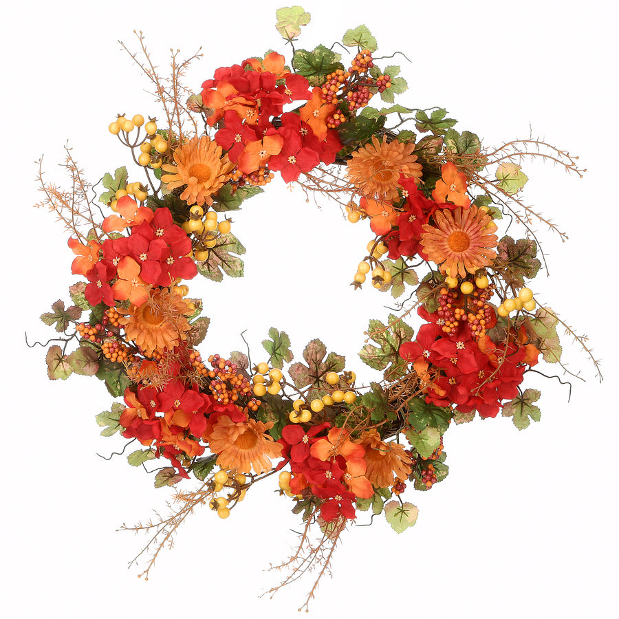 National Tree Company Artificial Autumn Wreath, Decorated with Hydrangea Blooms, Berry Clusters, Daisies, Assorted Leaves, Autumn Collection, 22 Inches - National Tree Company
