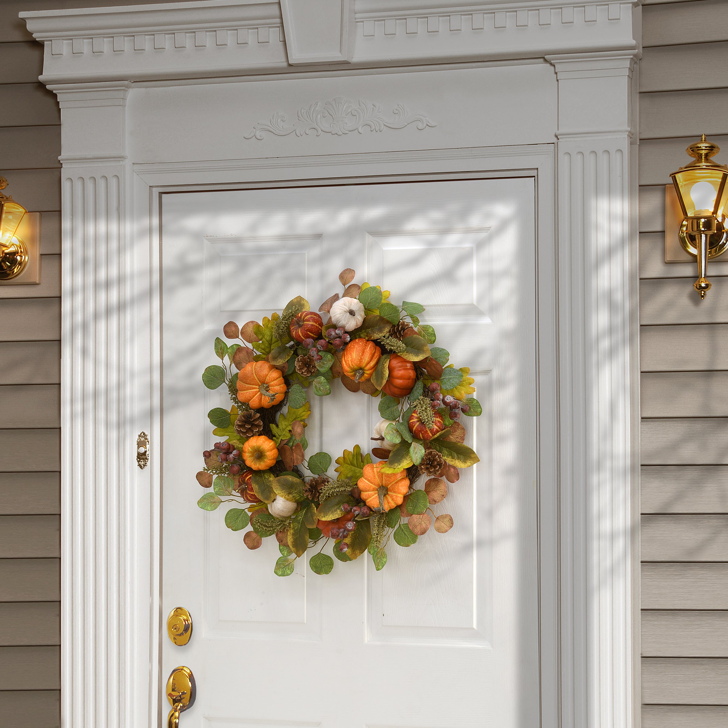 Artificial Autumn Wreath, Decorated with Miniature Pumpkins, Pine Cones, Berry Clusters, Leaves, Autumn Collection, 22 Inches