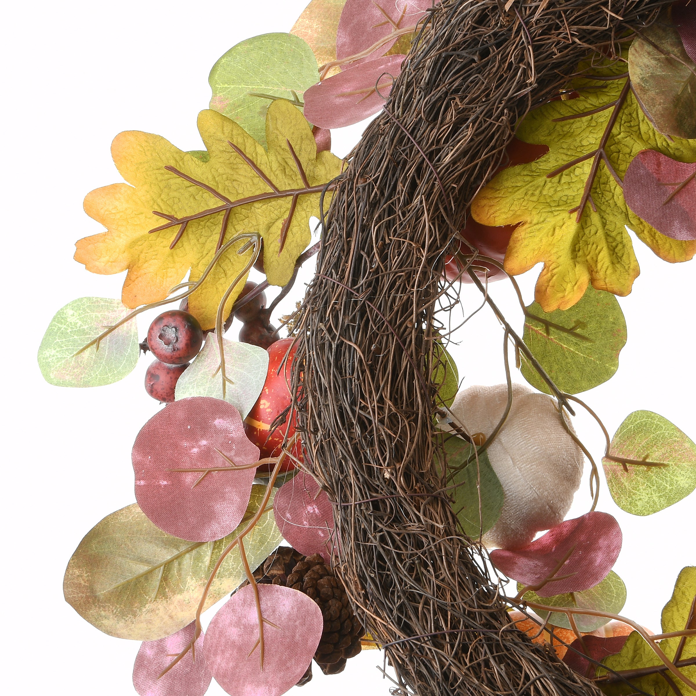 Artificial Autumn Wreath, Decorated with Miniature Pumpkins, Pine Cones, Berry Clusters, Leaves, Autumn Collection, 22 Inches