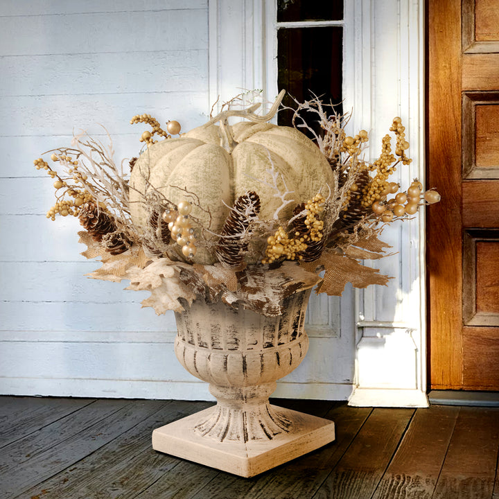 Artificial Pumpkin Urn, Decorated with Pinecones, Berry Clusters, Branches, White, Autumn Collection, 18 in