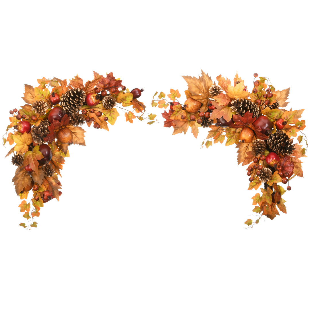 Artificial Autumn Door Corners, Set of 2, Decorated With Maple Leaves, Pine Cones, Pomegranates, Berry Clusters, Harvest Collection, 30 Inches