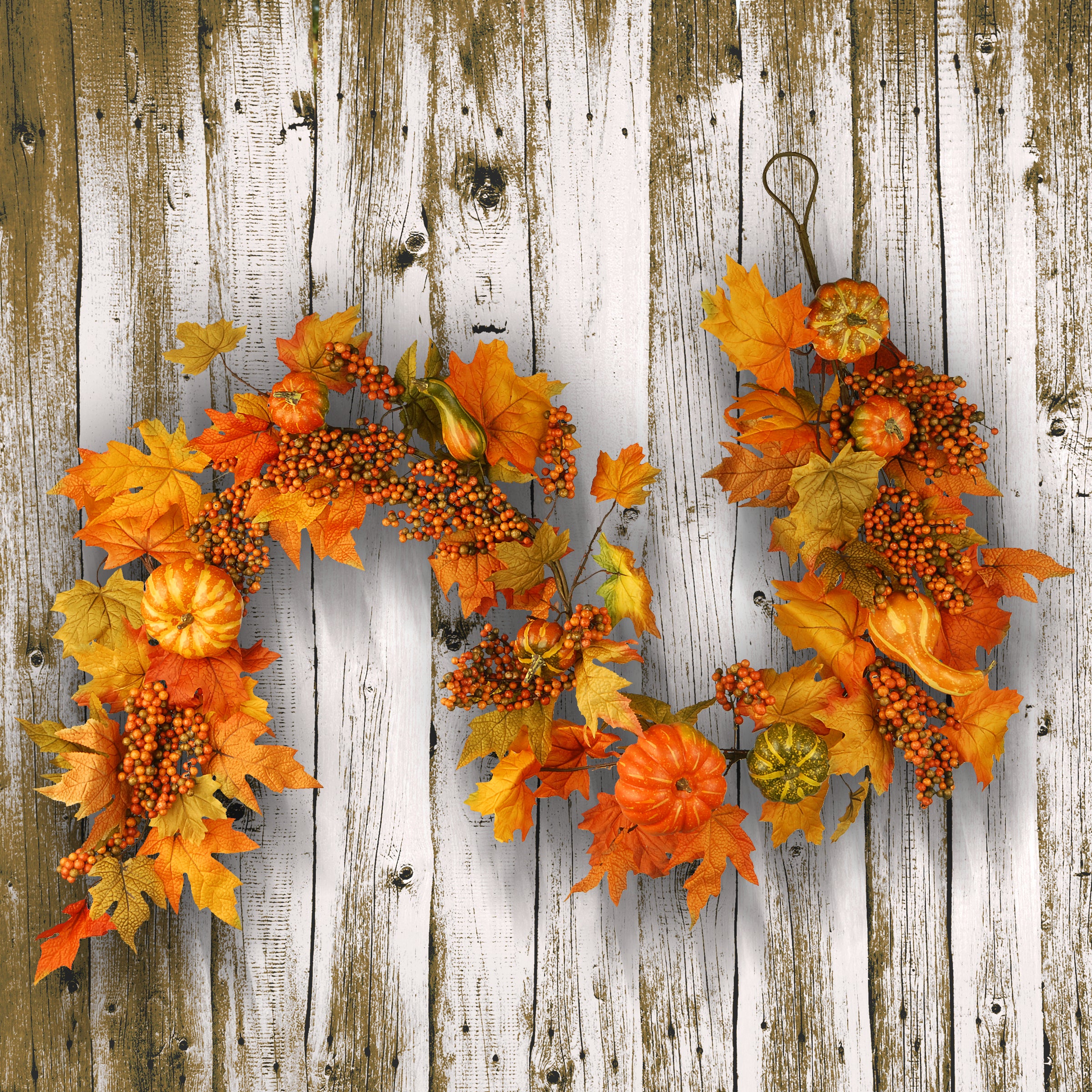 Artificial Autumn Garland, Orange, Made with Pumpkins, Gourds, Maple Leaves, Berry Clusters, Autumn Collection, 5.8 ft