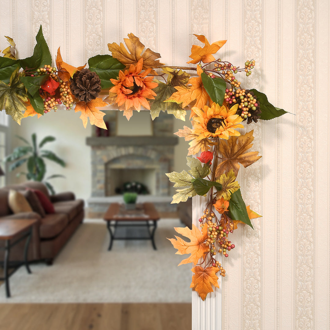 Artificial Autumn Garland, Green and Orange, Made with Sunflowers, Pinecones, Berry Clusters, Maple Leaves, Autumn Collection, 6 ft