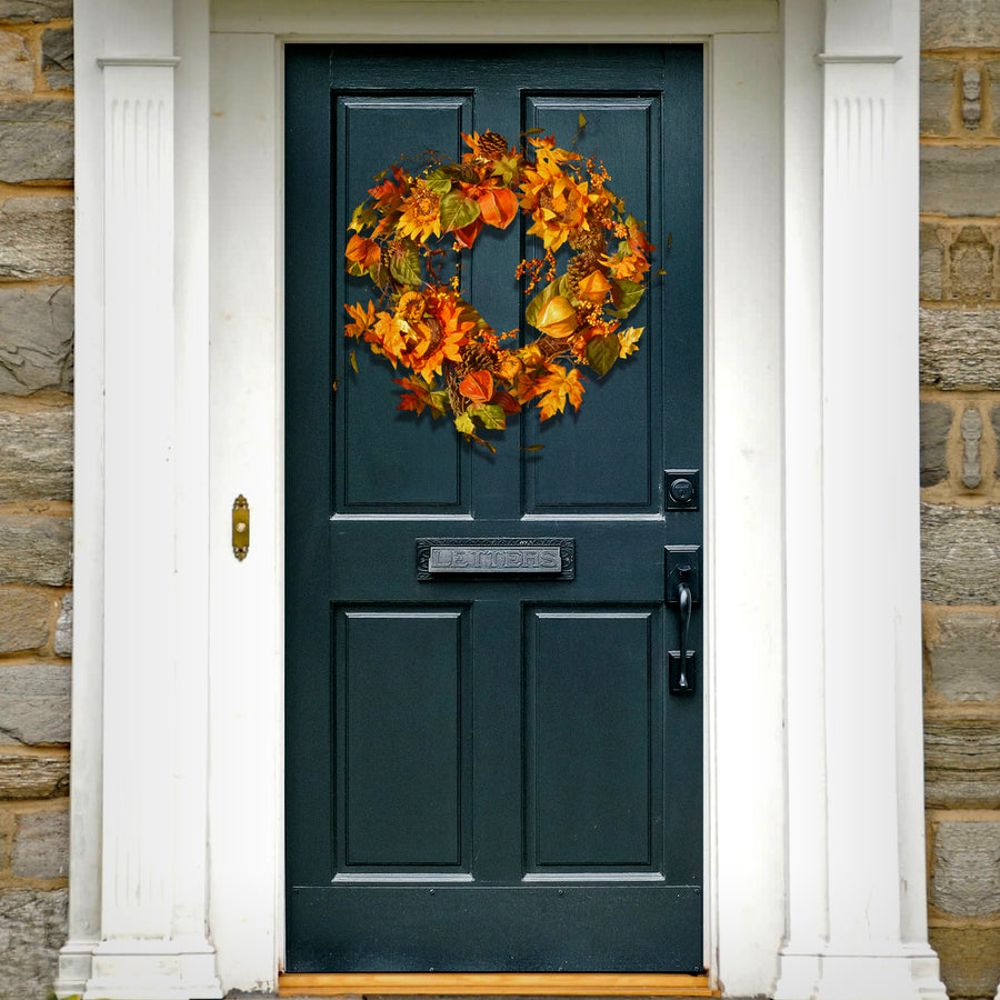 25 in. Fall Wreath with Sunflowers, Pinecones, Berry Clusters, Maple Leaves