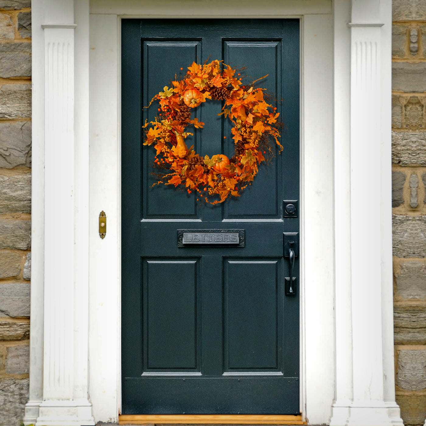 National Tree Company Artificial Autumn Wreath, Decorated with Pumpkins, Pinecones, Berry Clusters, Maple Leaves, Autumn Collection, 28 in - National Tree Company