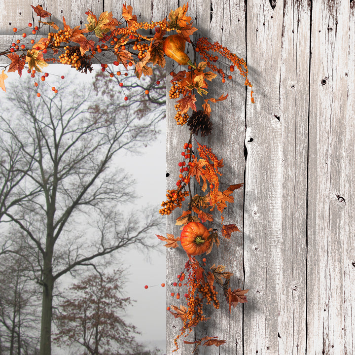 Artificial Autumn Garland, Made with Pumpkins, Pinecones, Berry Clusters, Maple Leaves, Autumn Collection, 6 ft