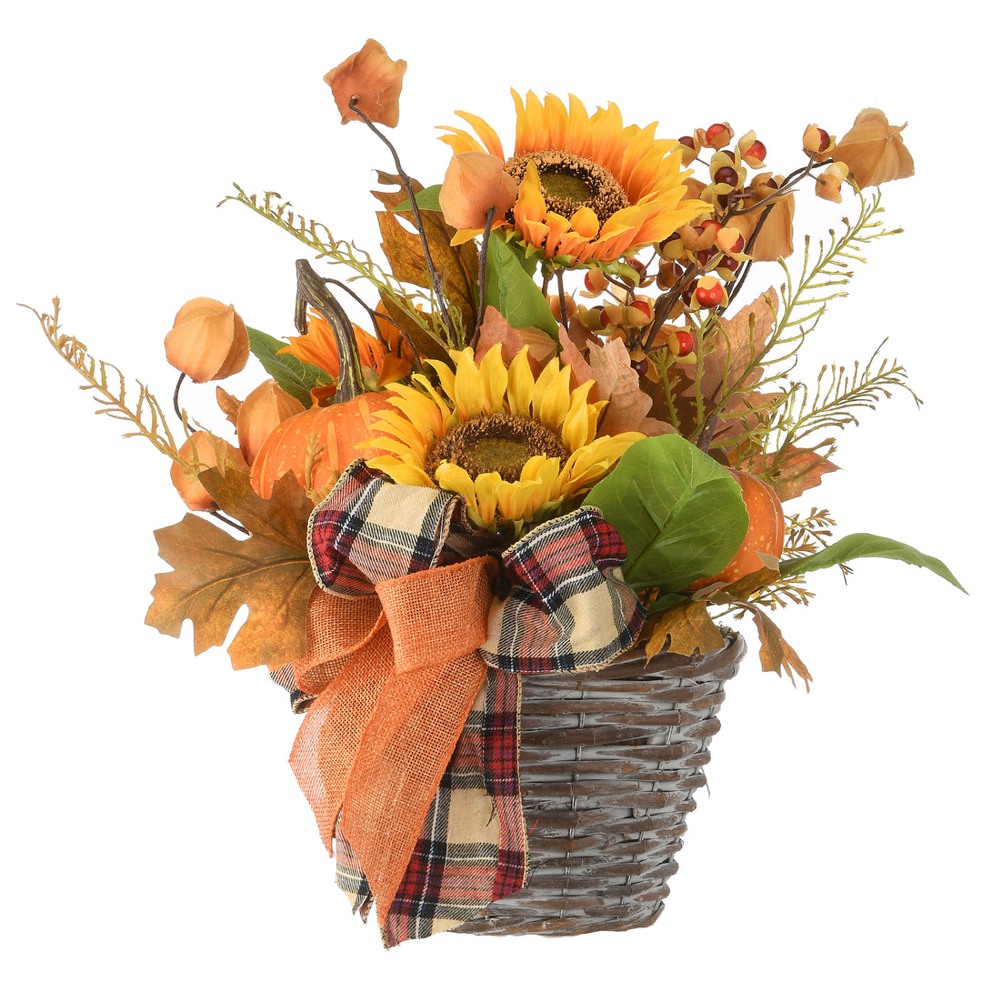 Artificial Flowers in Wicker Basket, Decorated with Pumpkins, Gourds, Sunflower Blooms, Burlap Bows, Maple Leaves, Autumn Collection, 16 in