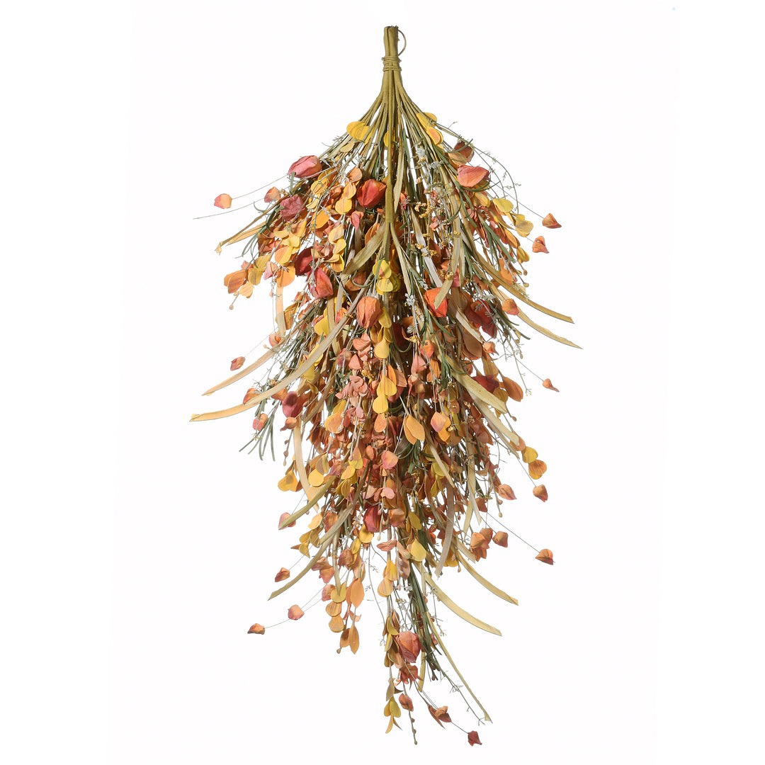 Artificial Autumn Teardrop Decoration, Decorated with Seed Stalks, Straw Fronds, Assorted Leaves, Autumn Collection, 30 Inches