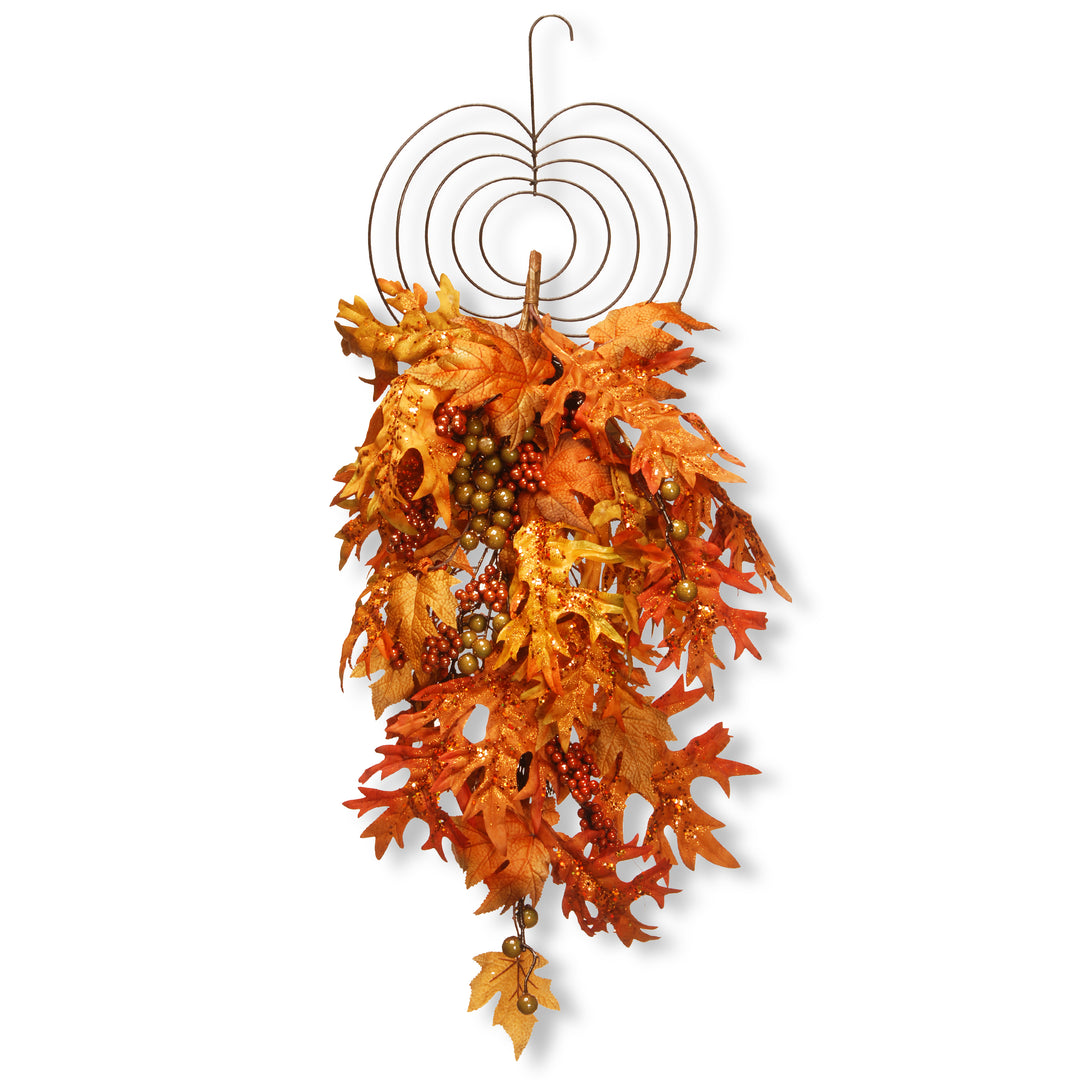 Artificial Fall Teardrop Wall Decoration, Decorated with Berry Clusters, Maple Leaves, Autumn Collection, 36 in
