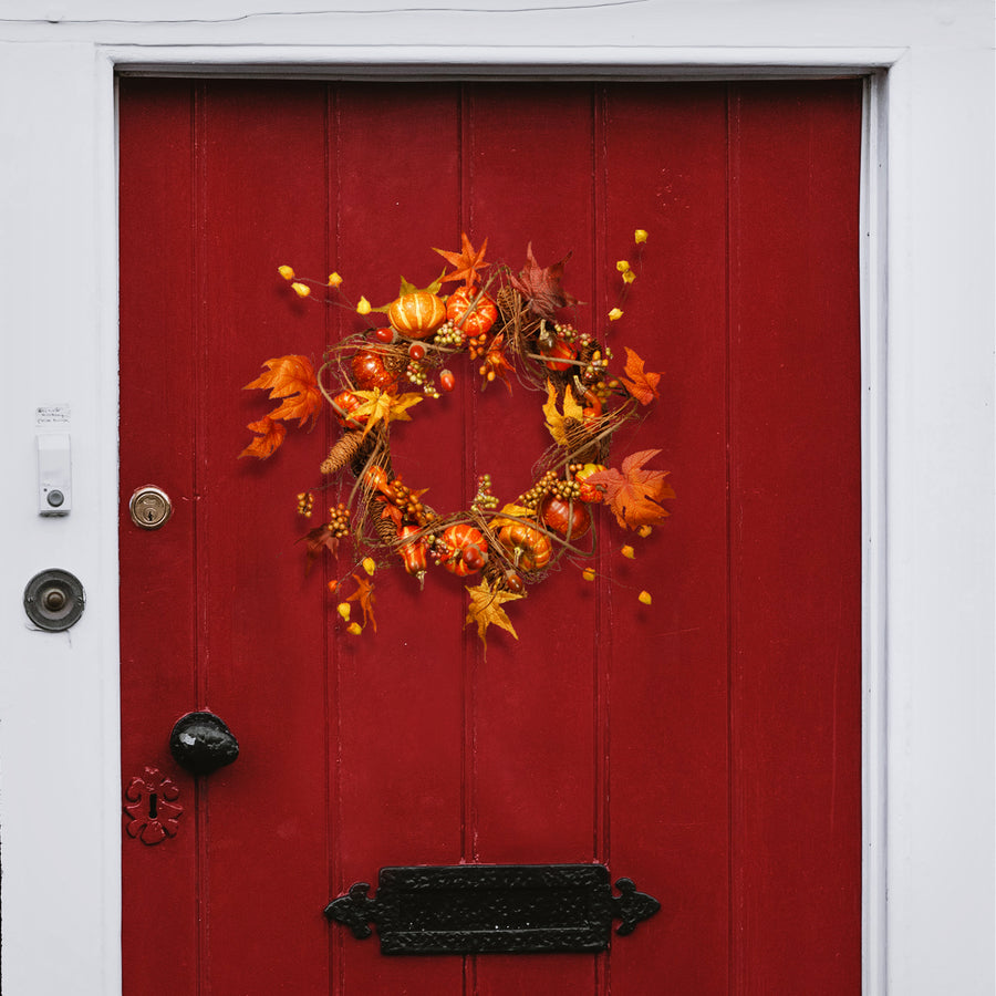 21 in. Fall Wreath with Pumpkins, Gourds, Pinecones, Berry Clusters, Maple Leaves