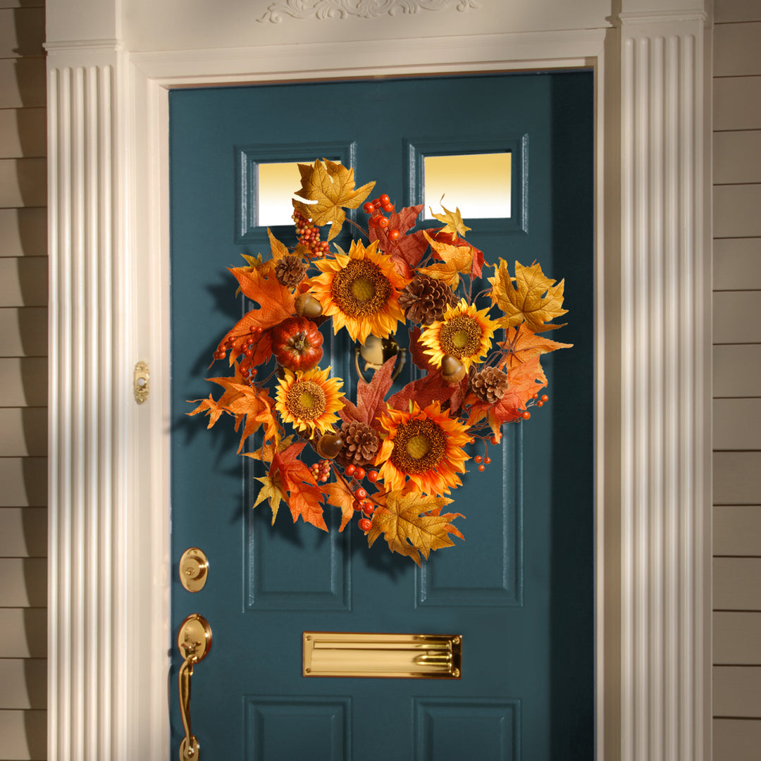 National Tree Company Artificial Autumn Wreath, Decorated with Sunflowers, Pinecones, Berry Clusters, Acorns, Pumpkins, Maple Leaves, Autumn Collection, 22 in