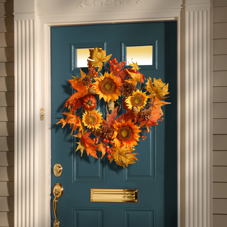 22 in. Fall Wreath with Sunflowers, Pinecones, Berry Clusters, Acorns, Pumpkins, Maple Leaves