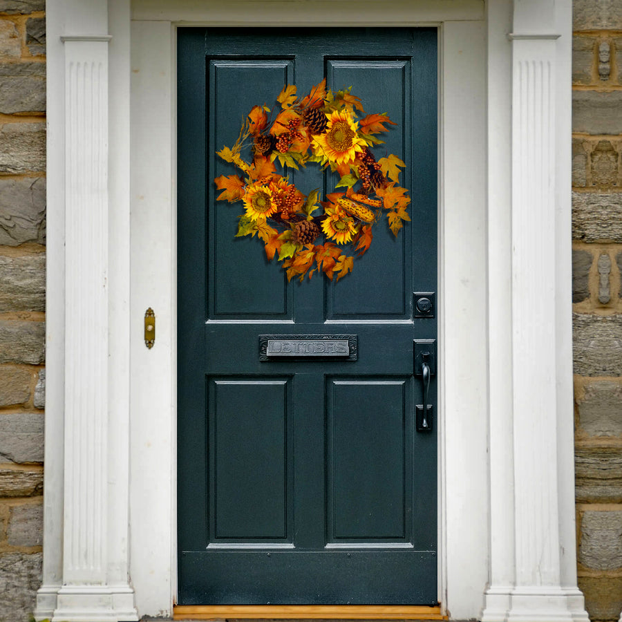 24 in. Fall Wreath with Sunflowers, Pinecones, Berry Clusters, Corncobs, Maple Leaves