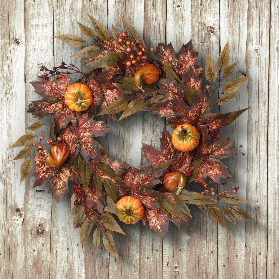 24 in. Fall Wreath with Pumpkins, Berry Clusters, Ivy, Maple Leaves
