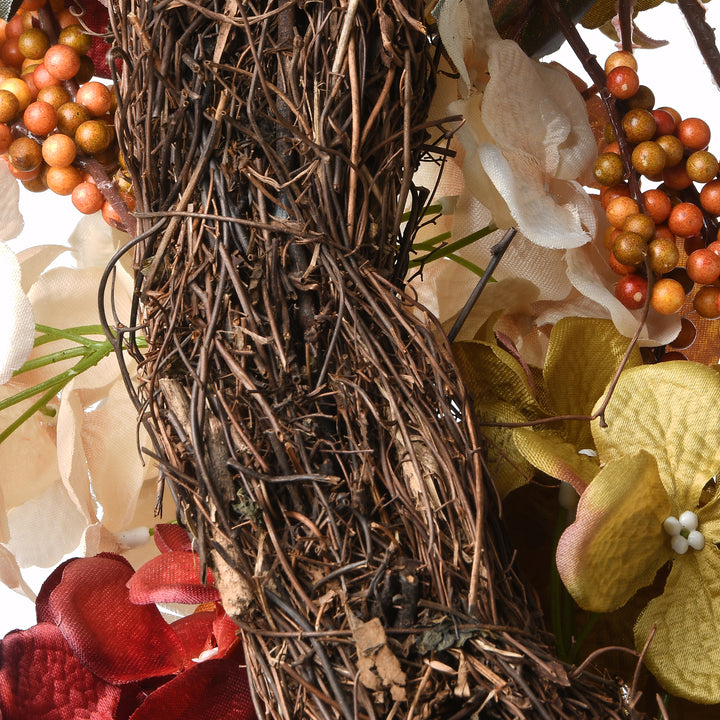 Artificial Autumn Wreath, Decorated with Pinecones, Berry Clusters, Hydrangeas, Leafy Branches, Autumn Collection, 24 in