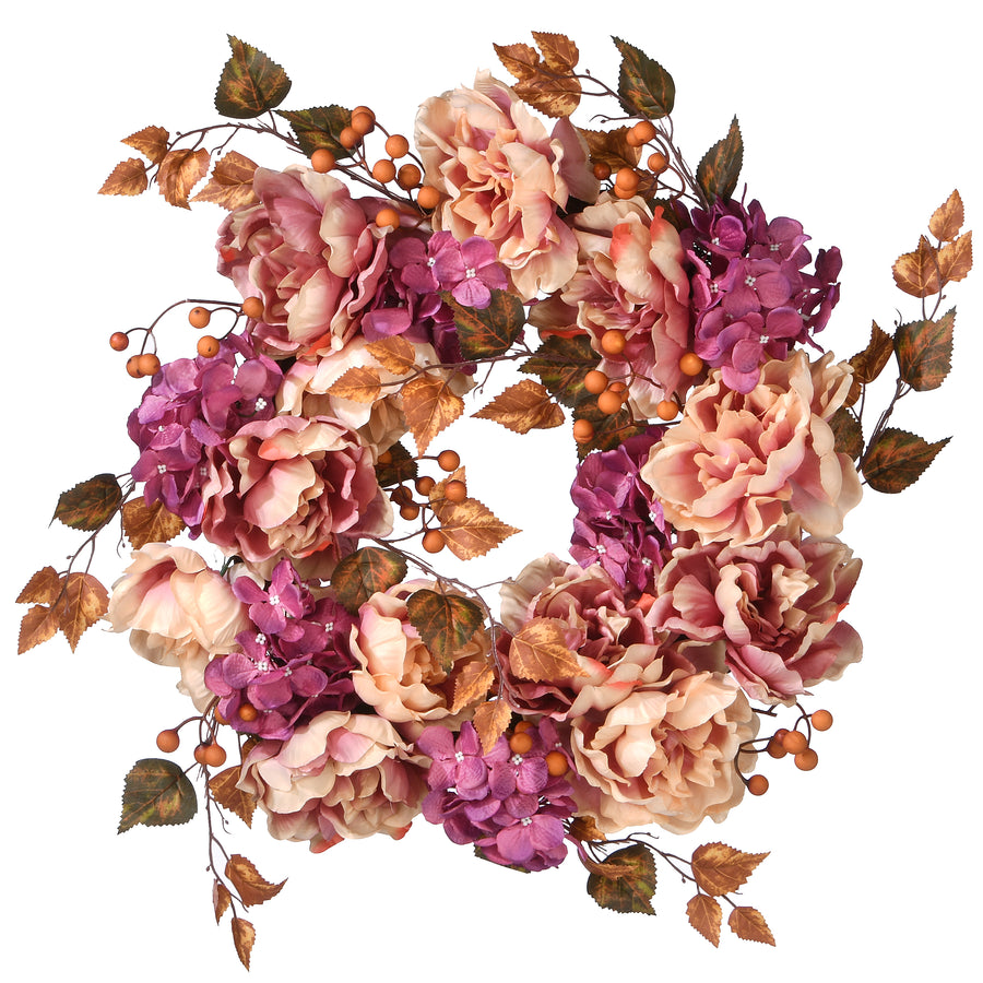 24 in. Fall Wreath with Hydrangeas, Peonies, Berries, Leafy Branches - National Tree Company