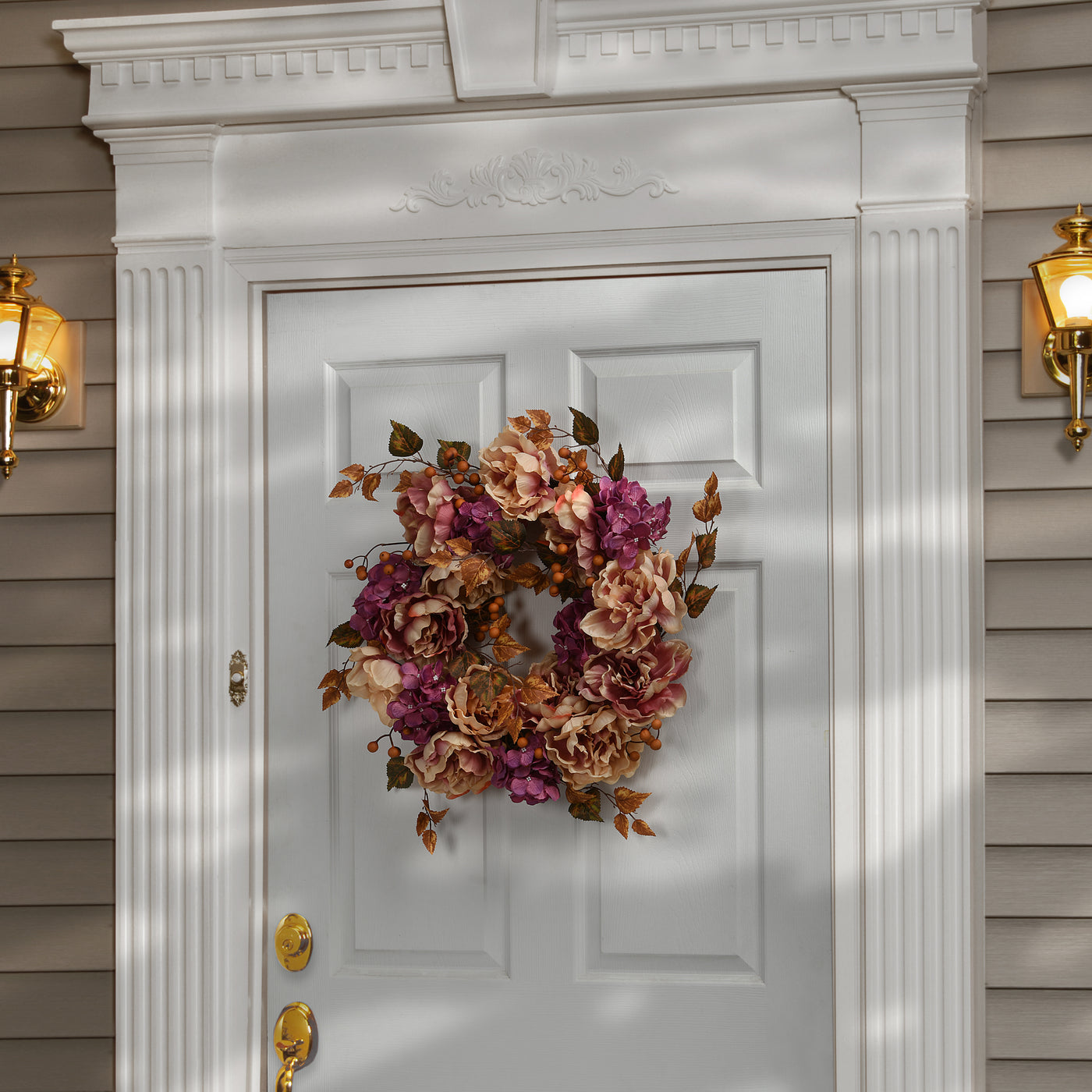 National Tree Company Artificial Autumn Wreath, Decorated with Hydrangeas, Peonies, Berries, Leafy Branches, Autumn Collection, 24 in - National Tree Company