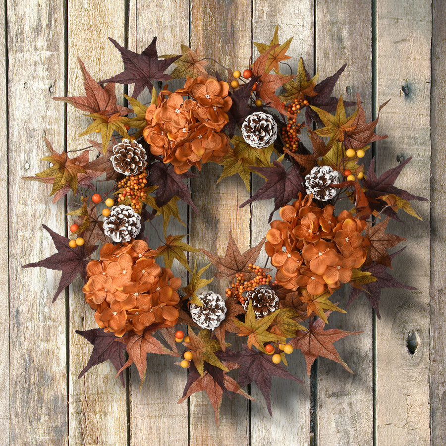 24 in. Fall Wreath with Hydrangeas, Maple Leaves, Pinecones, Berry Clusters