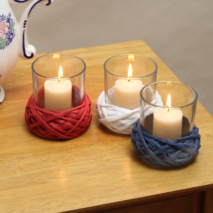 Patriotic Candleholders Set of 3 Holds One Candle Each Decorated with Red White and Blue Thread 4th of July Collection 35 Inches