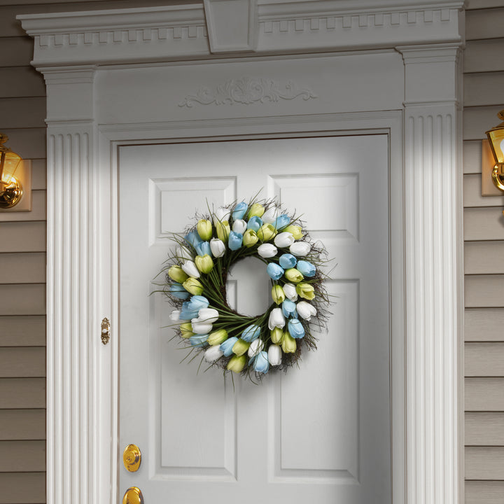 Artificial Hanging Wreath, Woven Vine Base, Decorated with Yellow, Blue and White Tulips, Spring Collection, 22 Inches