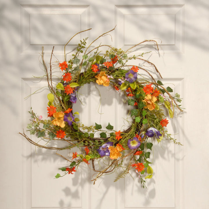 Artificial Hanging Wreath, Woven Branch Base, Decorated with Assorted Flowers, Leafy Greens, Spring Collection, 22 Inches