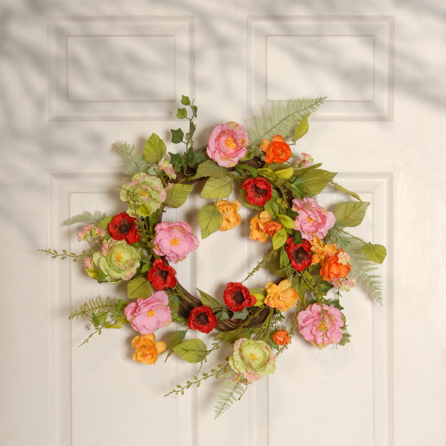 22 in. Spring Wreath with Assorted Flowers, Fern Fronds, Leafy Greens
