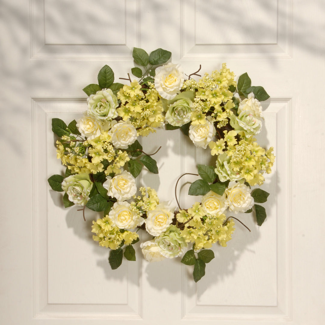Artificial Hanging Wreath, Woven Branch Base, Decorated with Cream Rose Blooms, Branches, Leafy Greens, Spring Collection, 20 Inches