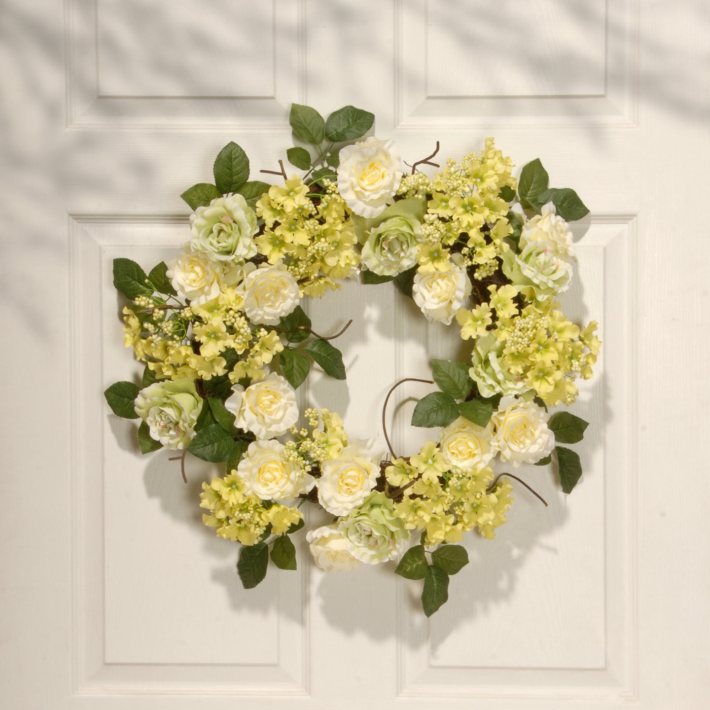 Artificial Hanging Wreath, Woven Branch Base, Decorated with Cream Rose Blooms, Branches, Leafy Greens, Spring Collection, 20 Inches - National Tree Company