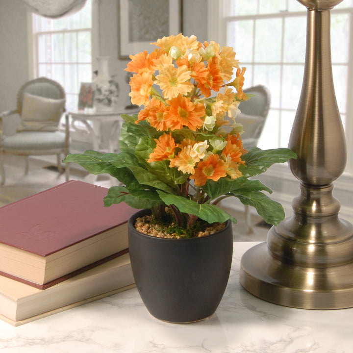 Artificial Potted Plant, Orange Flower Blooms, Includes Black Ceramic Pot, Spring Collection, 12 Inches