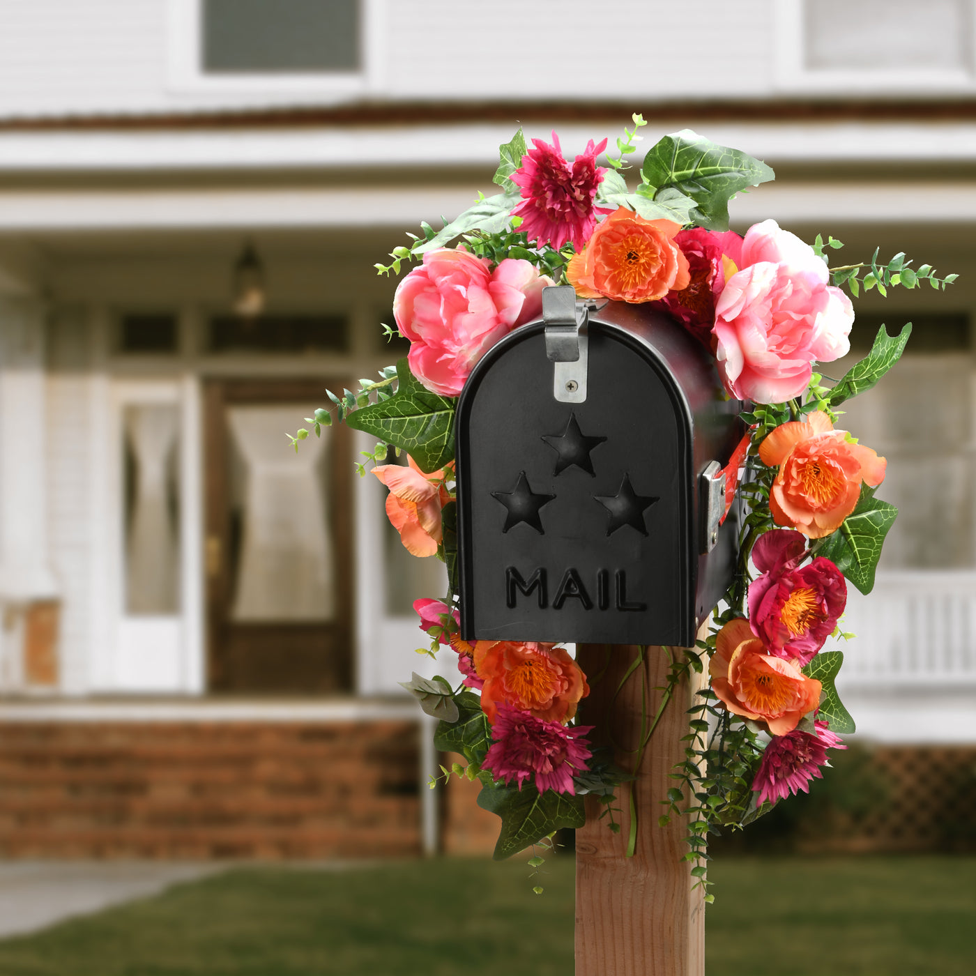 Artificial Mailbox Decoration, Decorated with Multicolor Peony Blooms, Ivy, Leaves, Spring Collection, 36 Inches - National Tree Company