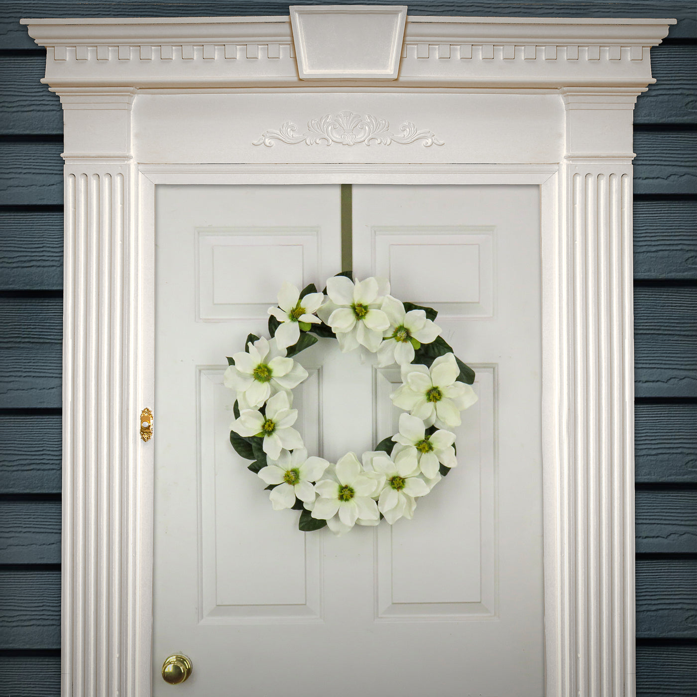 Artificial Spring Wreath, Vine Stem Base, Decorated with White Magnolia Flowers, Dark Green Leaves, Spring Collection, 24 Inches - National Tree Company