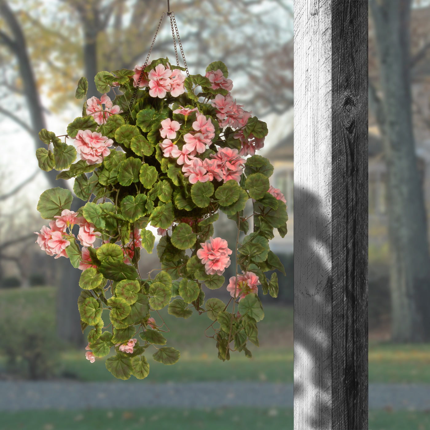 fuzzy pink hanging plant Artificial Hanging Basket, Foam Basket Base, Decorated with Vines, Leaves, Pink Flower Blooms, Includes Hanging Hook, Spring Collection, 11 Inches