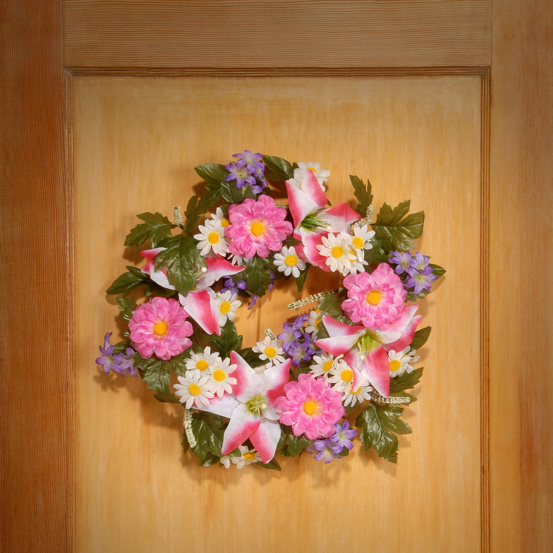 Artificial Hanging Wreath, Woven Branch Base, Decorated with Multicolor Daisy and Tiger Lily Blooms, Leafy Greens, Berry Clusters, Spring Collection, 18 Inches