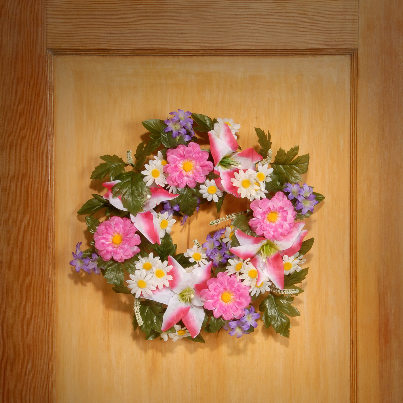 Artificial Hanging Wreath, Woven Branch Base, Decorated with Multicolor Daisy and Tiger Lily Blooms, Leafy Greens, Berry Clusters, Spring Collection, 18 Inches - National Tree Company