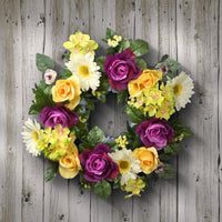 Artificial Hanging Wreath, Vine Stem Base, Decorated with Colorful Daisies, Hydrangeas, Roses, Leafy Greens, Spring Collection, 18 Inches - National Tree Company