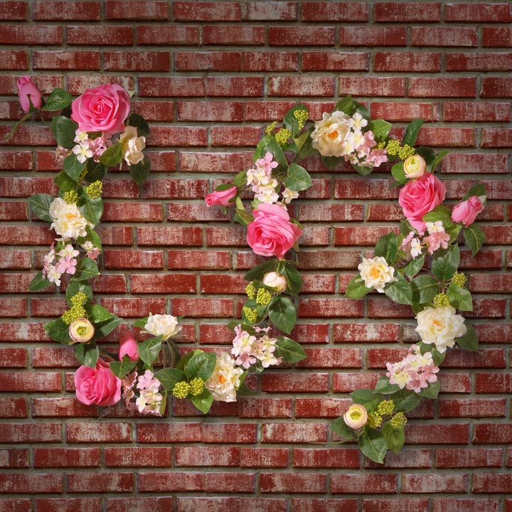 Artificial Hanging Garland, Vine Stem Base, Decorated with Roses, Hydrangeas, Berry Clusters, Leafy Greens, Spring Collection, 6 Feet