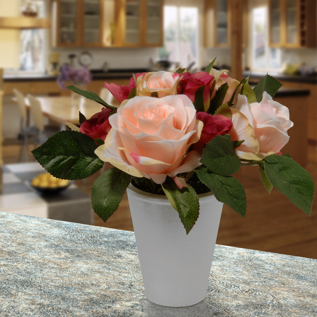 Artificial Potted Plant, Pink and Red Roses, Includes White Pot Base, Spring Collection, 8 Inches