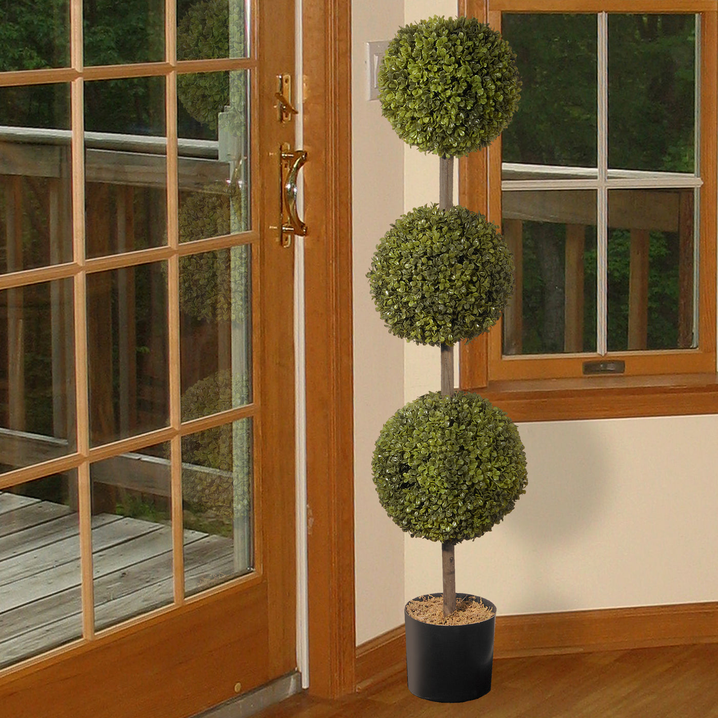 Artificial Potted Three Ball Topiary, Boxwood, Includes Black Pot Base, Spring Collection, 4 Feet - National Tree Company