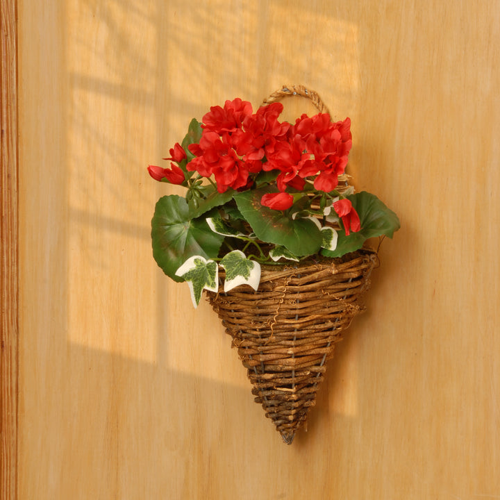 Artificial Wall Cone Basket, Wicker Base, Decorated with Red Geranium Flowers, Ivy, Spring Collection, 11 Inches