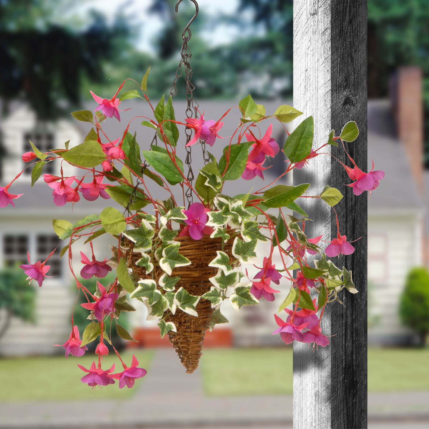 hanging basket plants amazon 15 in. Spring Hanging Cone Basket with Purple Flowers, Ivy · National Tree Company