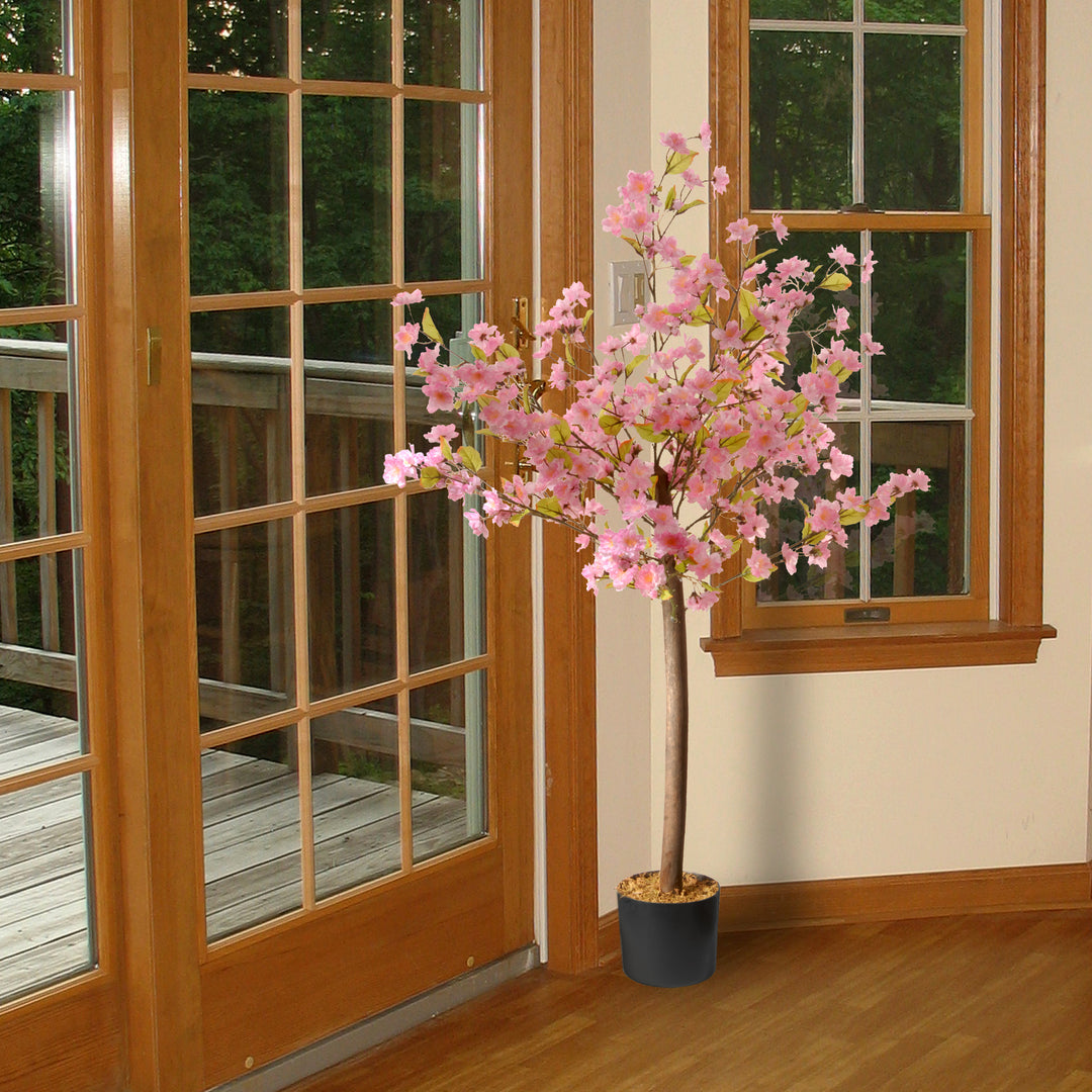 National Tree Company Artificial Potted Plant, Cherry Blossom, Decorated with Pink Flower Blooms, Leaves, Includes Black Pot Base, Spring Collection, 4 Feet