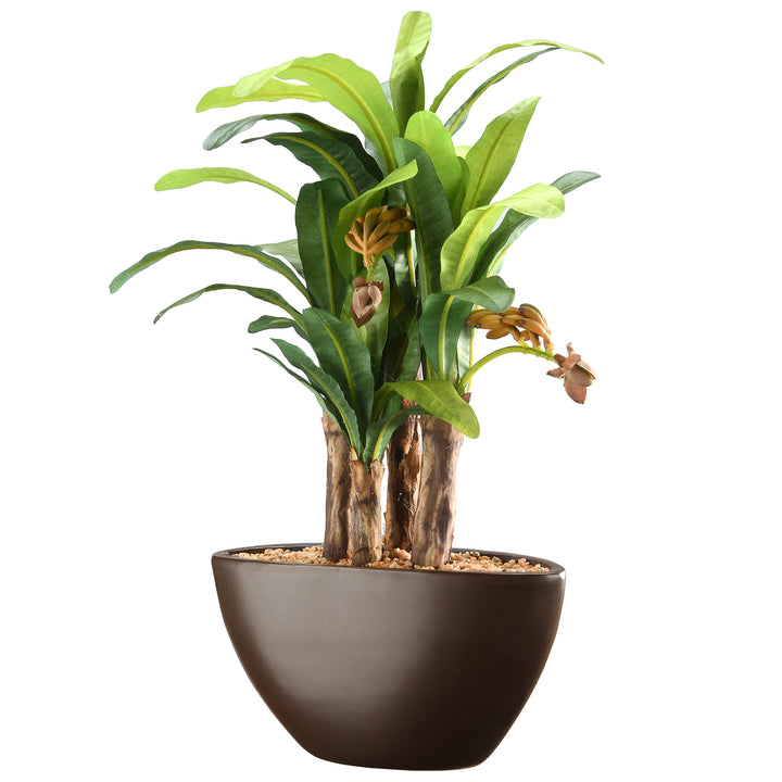 Artificial Potted Plant, Banana Plant, Decorated with Small Banana Bunches, Leafy Greens, Includes Brown Base, Spring Collection, 16 Inches