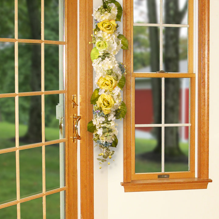 Artificial Floral Wall DAccor, Vine Stem Base, Decorated with Yellow Roses, White Hydrangeas, Berry Clusters, Spring Collection, 48 Inches