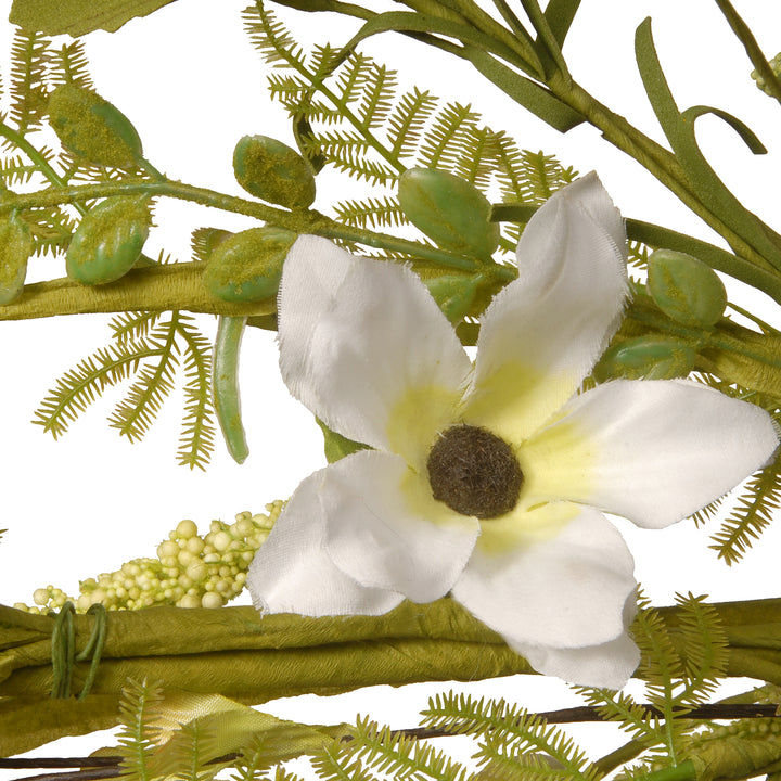 Artificial Floral Garland, Vine Stem Base, Decorated with Fern Fronds, White Flower Blooms, Miniature Eggs, Spring Collection, 5 Feet